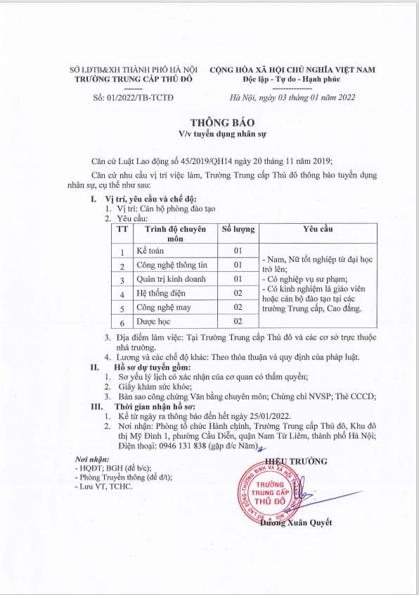 THÔNG BÁO TUYỂN DỤNG NHÂN SỰ TRƯỜNG TRUNG CẤP THỦ ĐÔ