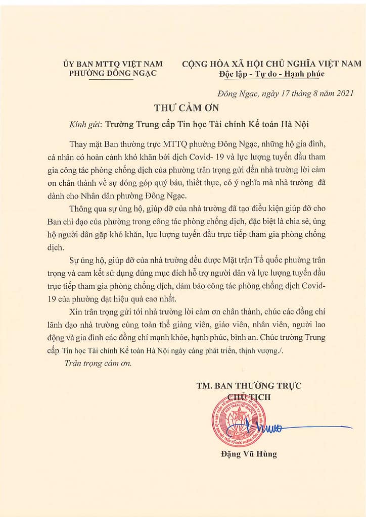 Thư cảm ơn của UBMTTQ Phường Đông Ngạc gửi Nhà trường